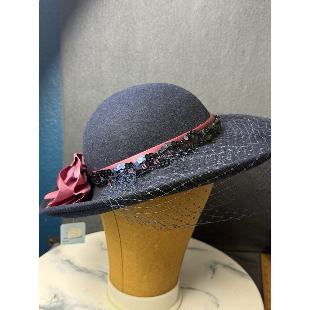 Vintage Bollman Hat Co Doeskin Felt Wool Navy Blue Net Veil Flower Church Cap US